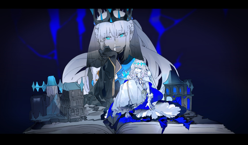 1boy 1girl absurdres arthropod_boy arthropod_limbs black_veil blue_eyes blue_lips book braid bug building butterfly butterfly_on_hand cape cloak crown diamond_hairband elbow_rest fate/grand_order fate_(series) fur-trimmed_cape fur_trim gloves grey_hair half_up_braid hand_on_own_chin head_rest highres insect long_hair long_sleeves mini_person miniboy morgan_le_fay_(fate) morgan_le_fay_(queen_of_winter)_(fate) oberon_(fate) open_book sunend veil white_cloak wide_sleeves