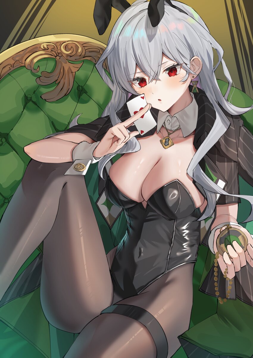 1girl absurdres animal_ears breasts card cleavage commentary detached_collar doomsday_(monster_strike) fake_animal_ears grey_hair highleg highleg_leotard highres jacket jacket_on_shoulders leotard long_hair monster_strike pantyhose playboy_bunny playing_card rabbit_ears red_eyes se00_ki sitting solo strapless strapless_leotard wrist_cuffs