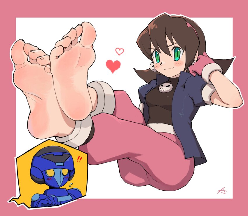 1boy 1girl alternate_universe artist_request barefoot black_bodysuit blush bodysuit bodysuit_under_clothes breasts brown_hair dress feet foot_focus gloves green_eyes hairband heart highres jacket karen_(karenoni1031) medium_breasts medium_hair mega_man_(series) mega_man_legends_(series) mega_man_volnutt non-humanoid_robot non-web_source open_clothes open_jacket pants pink_dress pink_gloves pink_pants puffy_sleeves robot soles toes tron_bonne_(mega_man)