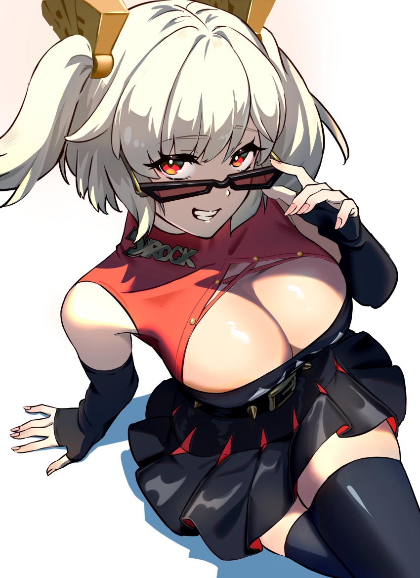 1girl absurdres black_jacket black_skirt black_thighhighs black_tube_top blonde_hair breasts burnice_white cleavage clenched_teeth crossed_legs elbow_gloves fingerless_gloves gloves highres jacket looking_over_eyewear mal_to_mal pleated_skirt red-tinted_eyewear red_eyes sitting skirt solo strapless sunglasses teeth thighhighs tinted_eyewear tube_top two_side_up white_background zenless_zone_zero