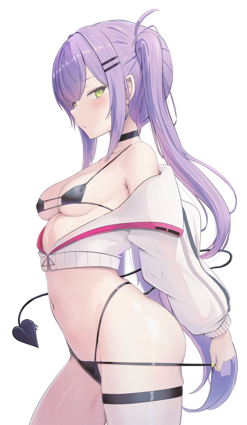 1girl absurdres bikini black_bikini black_tail blush breasts cowboy_shot cropped_jacket demon_girl demon_tail from_side green_eyes highres hololive jacket long_hair nekonosuke purple_hair simple_background small_breasts solo swimsuit tail tokoyami_towa twintails very_long_hair virtual_youtuber white_background white_jacket