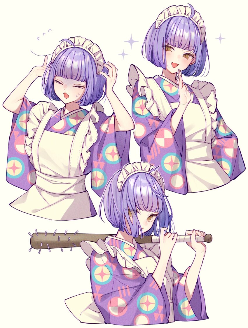 &gt;_&lt; 1girl :d ahoge ametomea apron arms_up baseball_bat brown_eyes commentary_request cropped_torso flying_sweatdrops hand_up highres holding holding_baseball_bat japanese_clothes kimono long_sleeves looking_at_viewer maid maid_apron maid_headdress multiple_views nail nail_(hardware) nail_bat open_mouth purple_hair purple_kimono short_hair simple_background smile sparkle tasokare_hotel tsukahara_neko white_background wide_sleeves