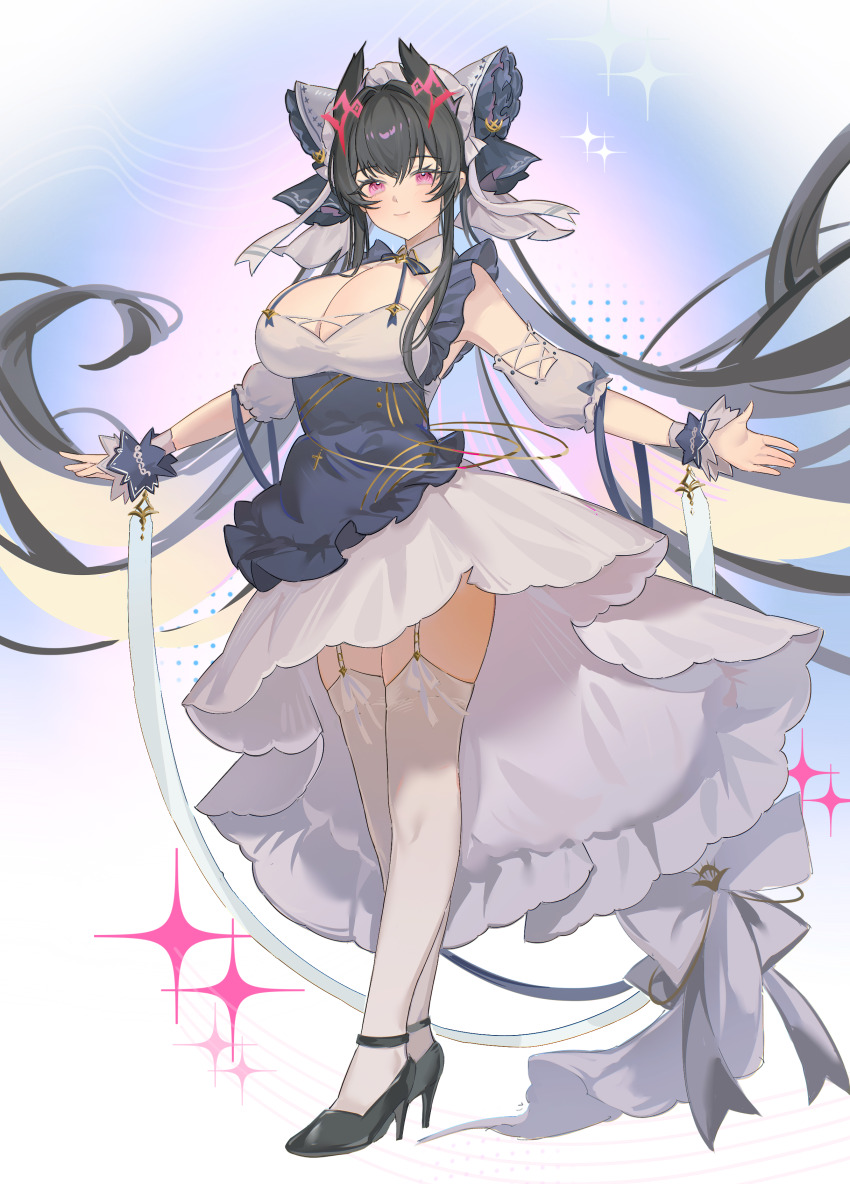 1girl absurdres apron ariko_(aaaaarik) azur_lane bare_shoulders black_apron black_hair blush breasts cheshire_(azur_lane) cheshire_(azur_lane)_(cosplay) cleavage closed_mouth colored_inner_hair commentary commission cosplay dress english_commentary frilled_apron frills full_body garter_straps gradient_background high_heels highres large_breasts long_hair looking_at_viewer maid_apron multicolored_hair outstretched_arms pink_eyes pixiv_commission smile solo spread_arms standing strasbourg_(azur_lane) thighhighs very_long_hair white_dress white_garter_straps white_thighhighs wrist_wrap