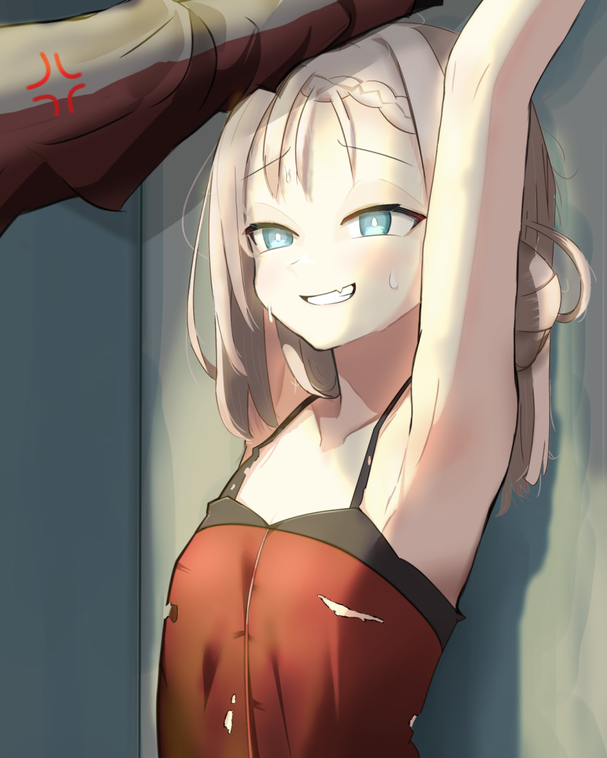 1girl against_wall anger_vein blonde_hair blush braid collarbone commander_(girls&#039;_frontline) fang flat_chest girls&#039;_frontline_2:_exilium grin highres kabedon lotan medium_hair mp5_(girls&#039;_frontline) skin_fang smile solo_focus sweatdrop torn_clothes upper_body