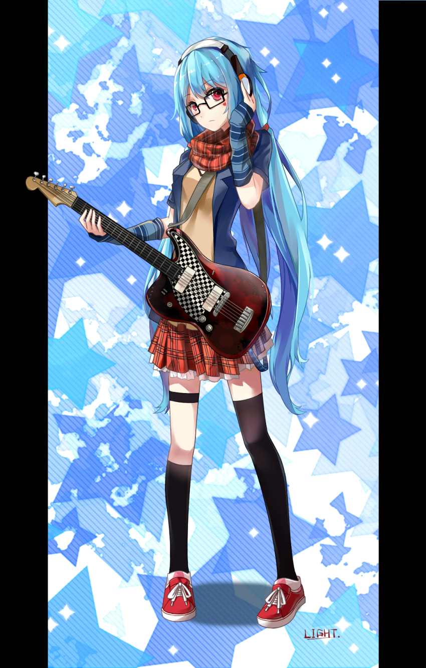 1girl aqua_hair arm_warmers asymmetrical_legwear bad_id bad_pixiv_id bespectacled black-framed_eyewear female_focus full_body glasses guitar hatsune_miku headphones highres instrument kneehighs left-handed lightofheaven long_hair mismatched_legwear pigeon-toed pillarboxed plaid_clothes plaid_scarf plaid_skirt red_eyes red_scarf scarf skirt socks solo thigh_strap thighhighs twintails very_long_hair vocaloid