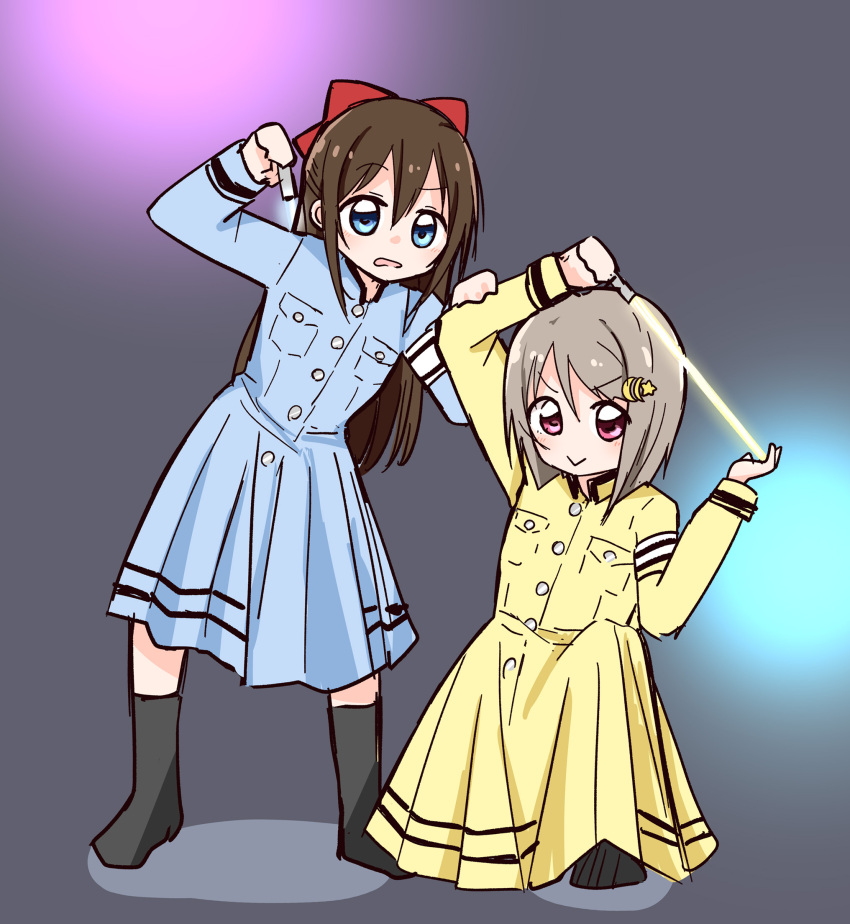 &gt;:) 2girls :&gt; arm_up asymmetrical_hair black_footwear blue_dress blue_eyes bob_cut boots bousouzoku bow breast_pocket brown_hair closed_mouth coat_dress crescent crescent_hair_ornament delinquent dress full_body glowstick grey_background hair_between_eyes hair_bow hair_ornament hairclip half_updo hand_on_another&#039;s_arm highres holding holding_behind_back holding_glowstick knee_boots long_hair long_sleeves love_live! love_live!_nijigasaki_high_school_idol_club medium_dress miyamaki multiple_girls nakasu_kasumi official_alternate_costume on_one_knee open_mouth osaka_shizuku penlight_(glowstick) pink_eyes pocket raised_eyebrow red_bow ryouran!_victory_road_(love_live!) short_hair smile standing v-shaped_eyebrows yellow_dress