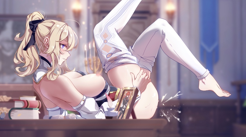 1boy 1girl absurdres bare_shoulders barefoot blonde_hair blue_eyes blush book breasts breasts_out candle clothes_pull detached_sleeves diluc_(genshin_impact) feet female_masturbation from_side full_body genshin_impact highres huiqian indoors jean_(genshin_impact) large_breasts legs_up long_sleeves lying masturbation nipples on_back on_table pants pants_pull parted_lips photo_(object) picture_frame ponytail red_hair shoes unworn_shoes solo_focus table toes white_legwear