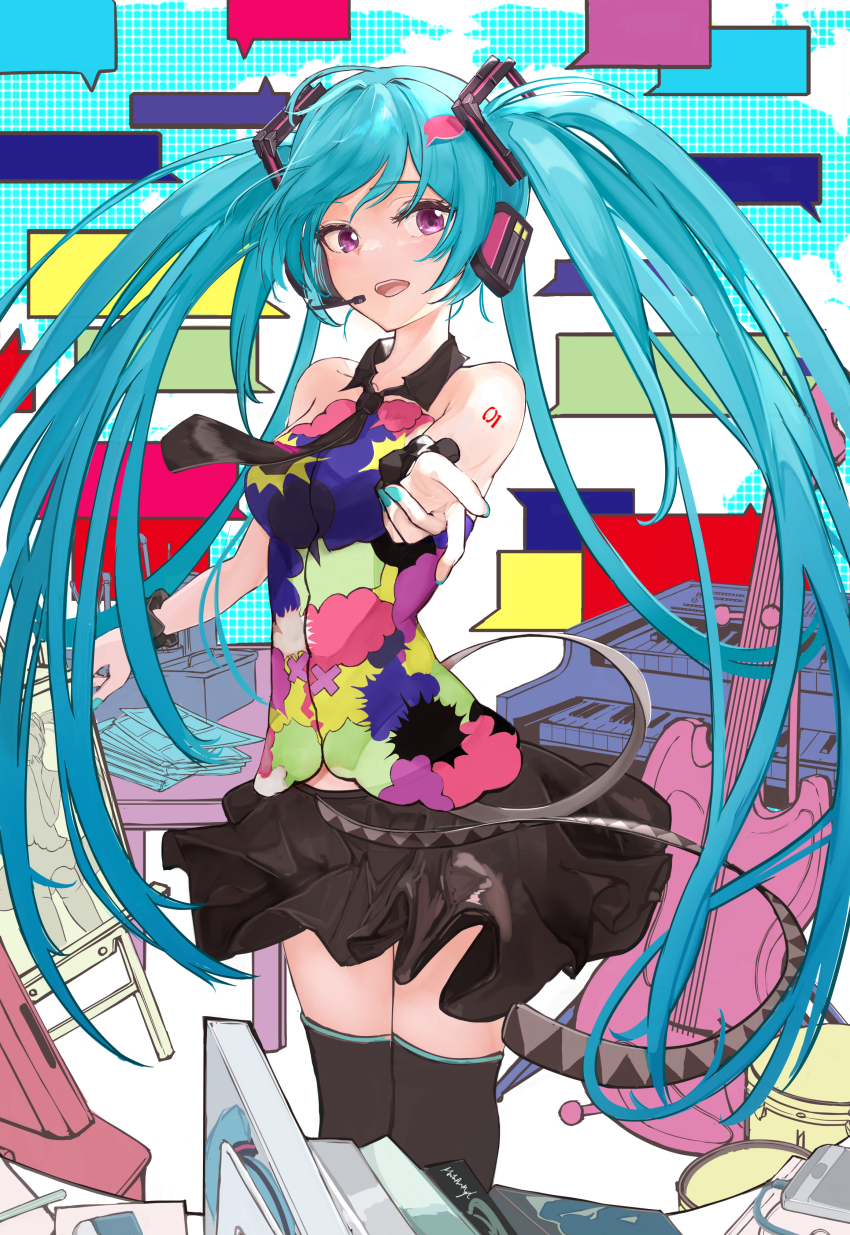 1girl absurdres asaikeu blank_speech_bubble breasts drum easel guitar hatsune_miku highres instrument medium_breasts nail_polish necktie painting_(object) piano purple_eyes solo speech_bubble tell_your_world_(vocaloid) thighhighs twintails vocaloid zettai_ryouiki