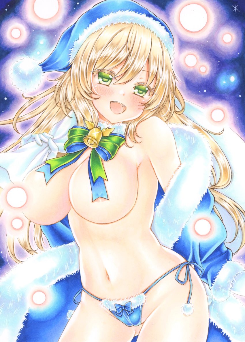 1girl absurdres atago_(kancolle) bag blonde_hair blue_bow blue_bowtie blue_coat blue_hat blue_panties blush bow bow_panties bowtie breasts christmas coat commentary_request convenient_censoring fur-trimmed_panties fur_coat fur_collar fur_panties fur_trim graphite_(medium) green_bow green_bowtie green_eyes hair_between_eyes hat highres holding holding_bag kantai_collection large_breasts light_particles looking_at_viewer micro_panties multicolored_bow navel nekofish666 no_bra open_clothes open_coat open_mouth panties santa_hat side-tie_panties smile solo traditional_media underwear