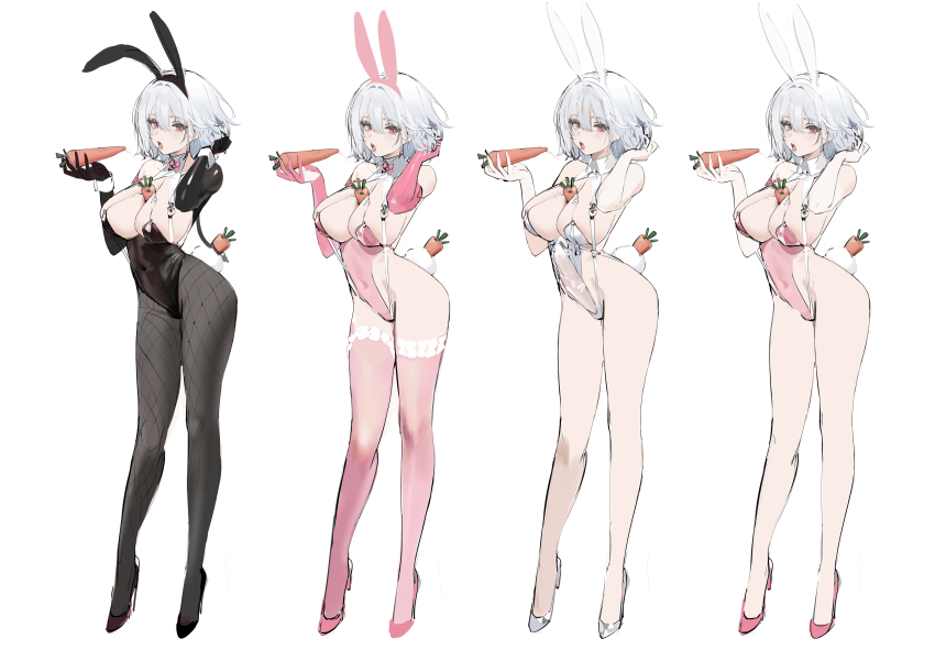 1girl :o absurdres animal_ears azur_lane between_breasts black_footwear black_gloves black_hairband black_leotard black_pantyhose bow breasts carrot concept_art covered_navel elbow_gloves fake_animal_ears fake_tail fishnet_pantyhose fishnets full_body gloves grey_footwear grey_hair grey_leotard hairband high_heels highres holding holding_carrot kincora leotard looking_at_viewer official_alternate_costume open_mouth pantyhose pink_bow pink_eyes pink_footwear pink_gloves pink_hairband pink_leotard pink_thighhighs rabbit_ears rabbit_tail saliva saliva_trail sexually_suggestive simple_background sirius_(azur_lane) sirius_(rabbit_of_paradise)_(azur_lane) standing tail thighhighs tongue tongue_out variations white_background white_hairband