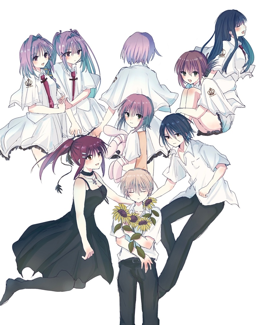 2boys 6+girls :d black_choker black_dress black_hair black_pants blunt_bangs blush brown_eyes brown_hair capelet choker closed_eyes collared_shirt commentary cross cross_necklace dress everyone facing_viewer feet_out_of_frame flower frilled_skirt frills frown full_body green_eyes hair_intakes hair_ornament hairclip happy highres hime_cut holding holding_flower holding_hands holding_stuffed_toy hugging_own_legs interlocked_fingers jewelry knees_up light_brown_hair long_dress long_hair looking_at_another looking_at_viewer looking_back mamiya_hasaki mamiya_takuji medium_hair minakami_yuki miniskirt multiple_boys multiple_girls necklace necktie open_mouth otonashi_ayana pants pink_hair ponytail purple_eyes purple_hair red_necktie retugo_asa school_uniform shirt short_hair siblings sidelocks simple_background sisters sitting skirt sleeveless sleeveless_dress smile stuffed_animal stuffed_rabbit stuffed_toy subarashiki_hibi sunflower symbol-only_commentary tachibana_kimika takashima_zakuro twins twintails wakatsuki_kagami wakatsuki_tsukasa white_background white_capelet white_shirt x_hair_ornament yuuki_tomosane