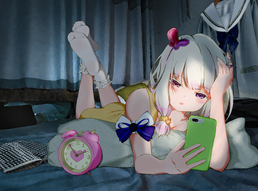 1girl alarm_clock arm_bow arm_support butterfly_hair_ornament cellphone clock colored_eyelashes crossed_legs curtains frilled_socks frills hair_ornament half-closed_eyes hand_on_own_head heterochromia highres holding holding_phone indoors looking_at_phone low_side_ponytail lying narrowed_eyes night on_bed on_stomach original phone pink_eyes playing_with_own_hair purple_eyes shorts smartphone socks soles speide_(mndm2243) the_pose unworn_shorts white_hair white_socks yellow_chemise