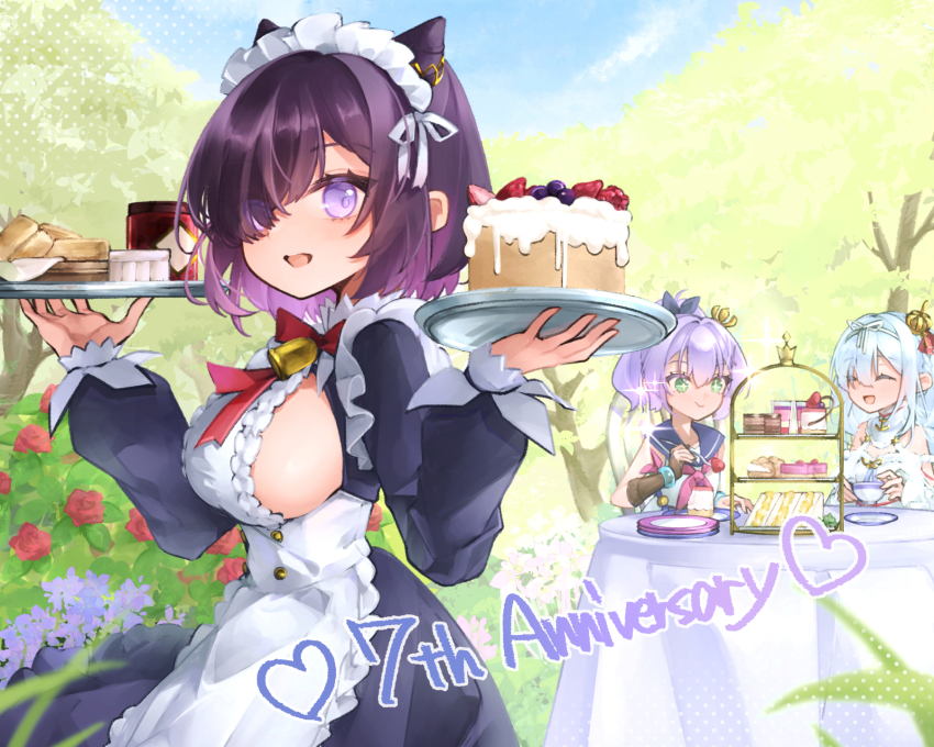 +_+ 3girls apron azur_lane bell black_dress breasts bridal_gauntlets cake chocolate_cake closed_eyes commentary_request cone_hair_bun crown cup day dress eating flower food fork frilled_apron frills fruit green_eyes hair_bun hair_over_one_eye highres holding holding_cup holding_fork holding_tray janus_(azur_lane) javelin_(azur_lane) javelin_(retrofit)_(azur_lane) jervis_(azur_lane) jervis_(fluttering_in_the_fair_breeze)_(azur_lane) koma_mksm large_breasts long_sleeves looking_at_viewer maid_headdress mini_crown multiple_girls neck_bell neckerchief official_alternate_costume open_mouth outdoors pink_neckerchief plate purple_eyes purple_hair purple_sailor_collar red_flower red_rose rose sailor_collar short_hair sideboob strawberry tiered_tray tray white_apron white_dress wide_ponytail