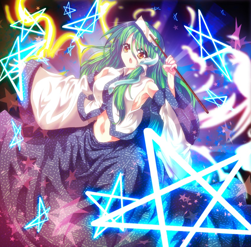 1girl bad_id bad_pixiv_id danmaku detached_sleeves female_focus frog gohei green_hair hair_ornament highres kochiya_sanae long_hair midriff pentagram snake solo sousakubito touhou yellow_eyes