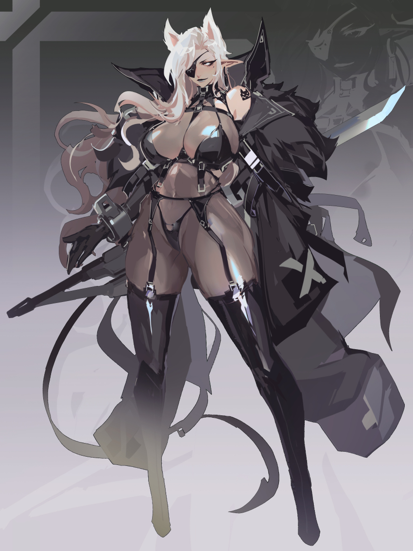 1girl absurdres animal_ears black_coat black_garter_belt black_thighhighs breasts cleavage coat eyepatch full_body garter_belt highres huge_breasts leather_footwear long_hair long_sleeves looking_at_viewer open_clothes open_coat original pointy_ears revealing_clothes smjim1986 solo thighhighs very_long_hair weapon_behind_back white_hair