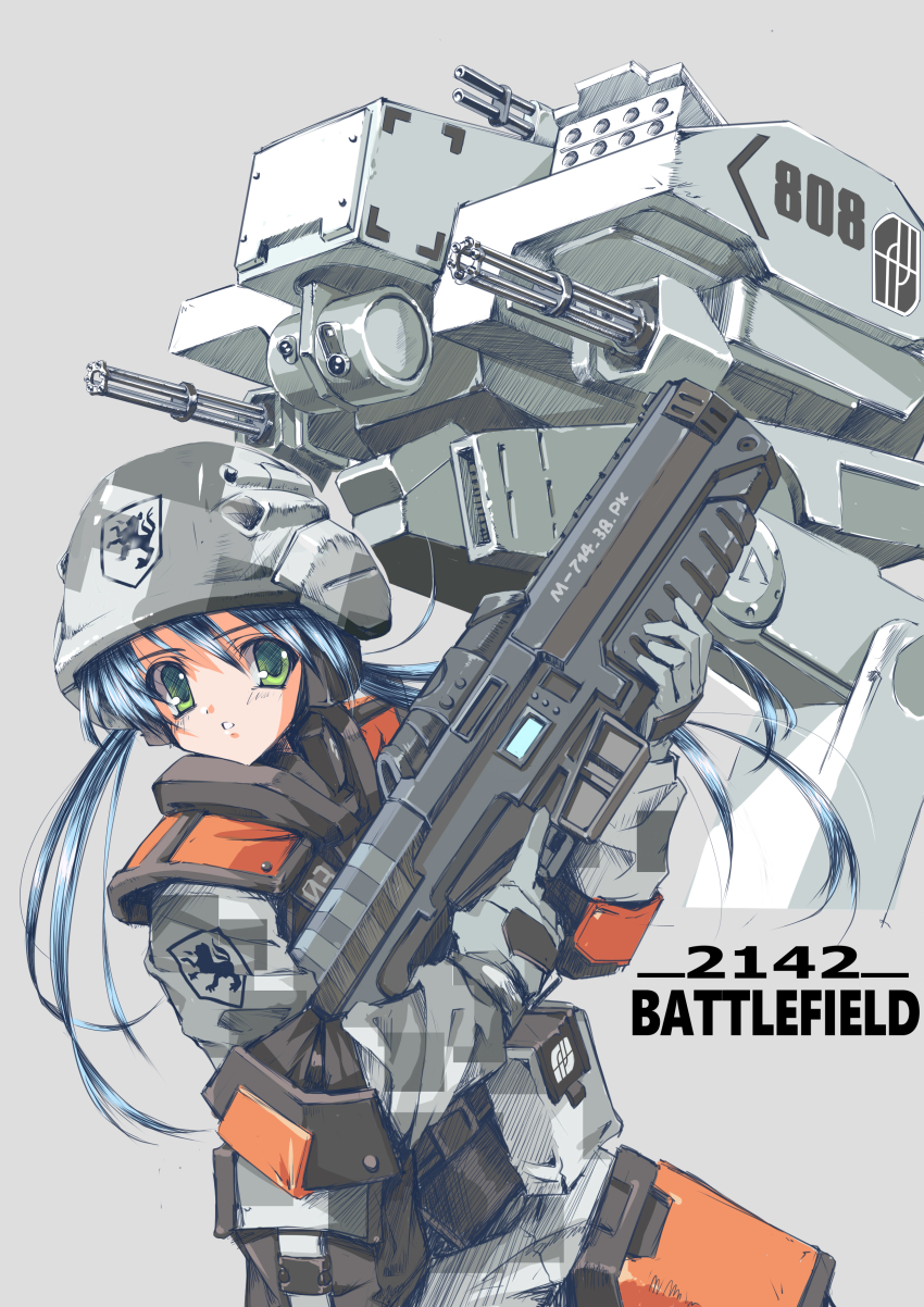 1girl absurdres battlefield_2142 blue_hair commentary english_commentary gatling_gun green_eyes helmet highres holding holding_weapon longmei_er_de_tuzi mecha robot science_fiction simple_background twintails weapon