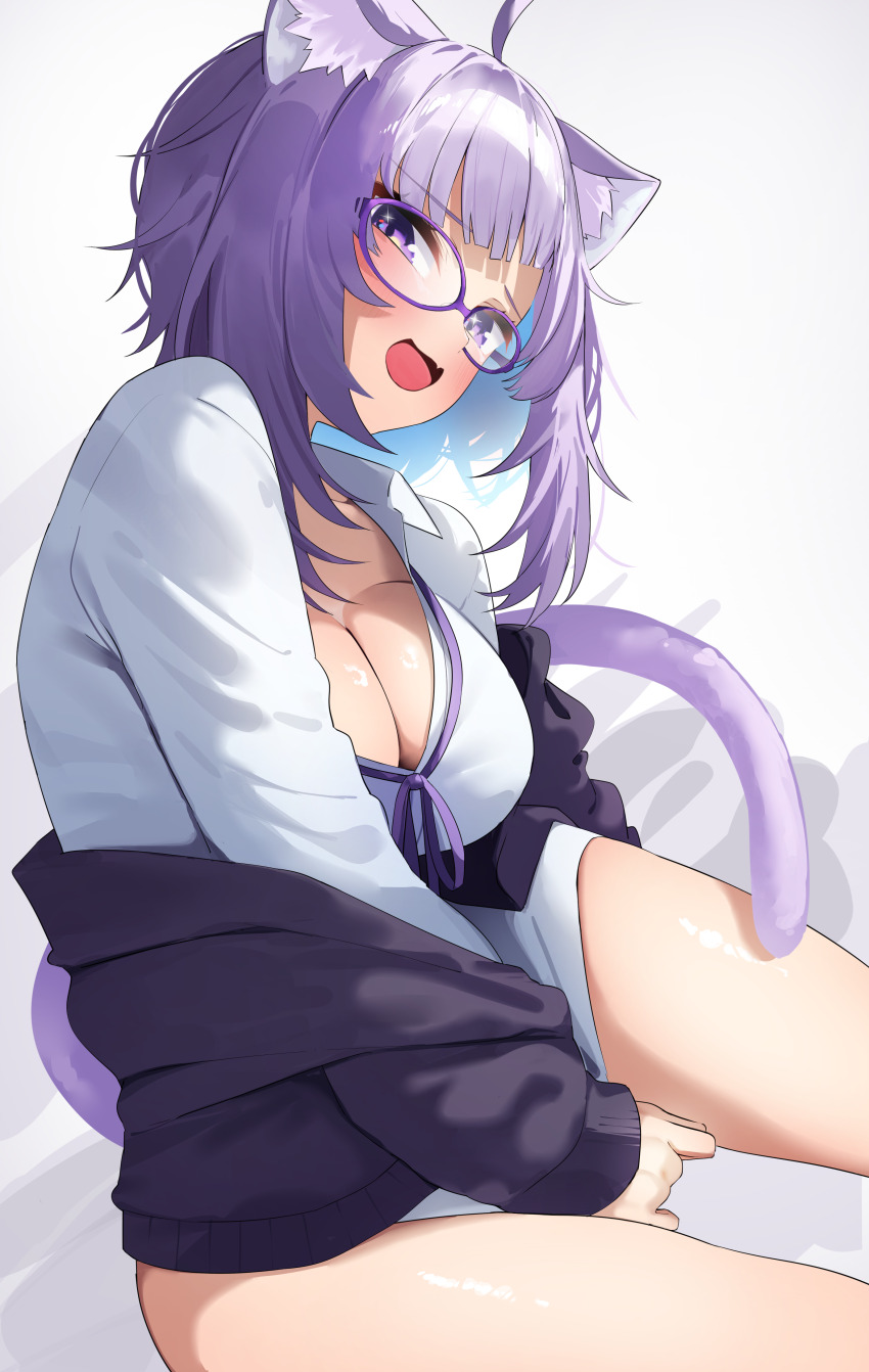 1girl :d absurdres ahoge animal_ear_fluff animal_ears black_jacket blue_hair blunt_bangs cat_ears cat_girl cat_tail collared_shirt colored_inner_hair commentary_request dress_shirt fang glass glasses highres hololive jacket looking_at_viewer medium_hair messy_hair multicolored_hair neck_ribbon nekomata_okayu nekomata_okayu_(oversized_shirt) no_pants off_shoulder official_alternate_costume official_alternate_hairstyle open_clothes open_jacket open_mouth paid_reward_available purple-framed_eyewear purple_eyes purple_hair purple_ribbon ribbon shirt shirt_tug simple_background sitting skin_fang smile solo tail tsushi virtual_youtuber white_background white_shirt