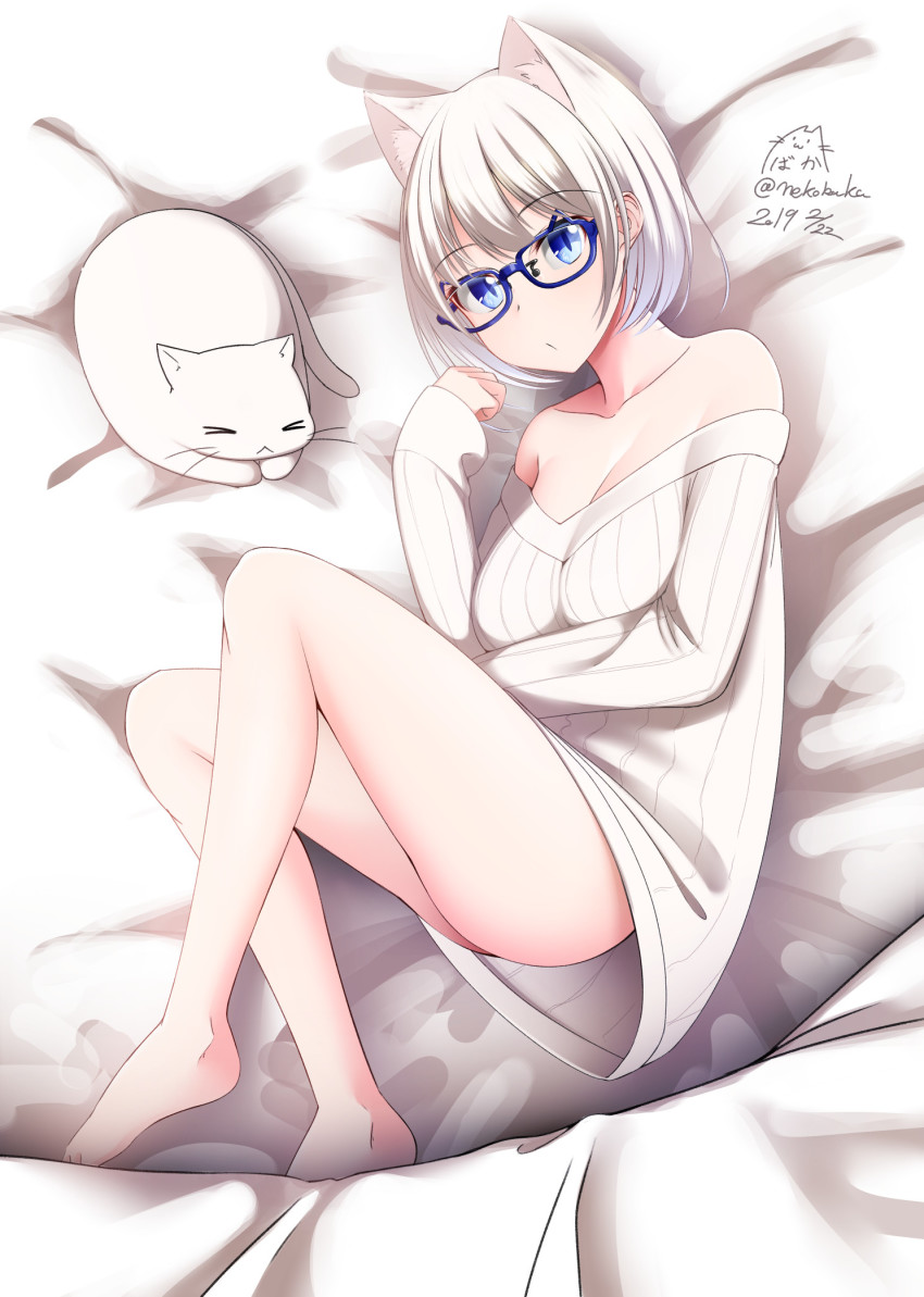 1girl animal animal_ear_fluff animal_ears ass bare_shoulders barefoot bed_sheet blue-framed_eyewear blue_eyes bottomless breasts cat cat_ears cleavage collarbone commentary_request dated full_body glasses hair_between_eyes highres long_sleeves looking_at_viewer lying medium_breasts naked_sweater nekobaka off-shoulder off-shoulder_sweater off_shoulder on_side original ribbed_sweater short_hair signature sleeves_past_wrists solo sweater twitter_username white_cat white_hair white_sweater