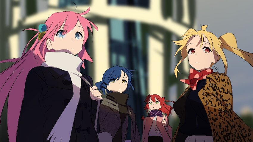 4girls ahoge bad_id bad_twitter_id black_coat blonde_hair blue_eyes blue_hair blurry blurry_background bocchi_the_rock! brown_coat brown_eyes coat commentary_request cube_hair_ornament gotoh_hitori grey_coat hair_between_eyes hair_ornament holding_strap ijichi_nijika kerorira kita_ikuyo long_hair long_sleeves looking_at_viewer mole mole_under_eye multiple_girls one_side_up outdoors pink_coat pink_hair red_hair red_scarf scarf short_hair side_ponytail upper_body white_scarf wind winter_clothes yamada_ryo yellow_eyes