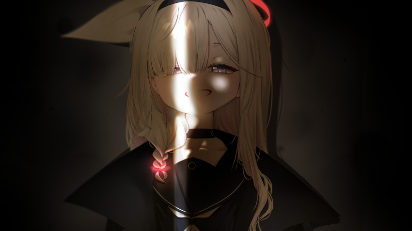 1girl absurdres black_choker black_coat black_eyes black_hairband black_sailor_collar black_serafuku blue_archive braid choker coat colored_inner_hair commentary_request crack_of_light dark evil_smile hair_over_one_eye hairband half-closed_eyes halo highres long_hair looking_at_viewer multicolored_hair neckerchief pink_hair plana_(blue_archive) portrait red_halo red_pupils sailor_collar school_uniform serafuku sharp_to_sharp single_braid smile smirk solo teeth white_hair white_neckerchief