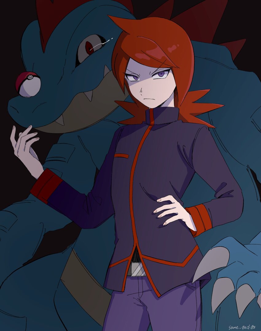 1boy absurdres belt black_background creatures_(company) feraligatr game_freak gen_2_pokemon hand_on_own_hip highres jacket looking_at_viewer male_focus nintendo pants poke_ball poke_ball_(basic) pokemon pokemon_(creature) pokemon_hgss purple_eyes purple_jacket purple_pants red_hair same_qed silver_(pokemon) simple_background upper_body