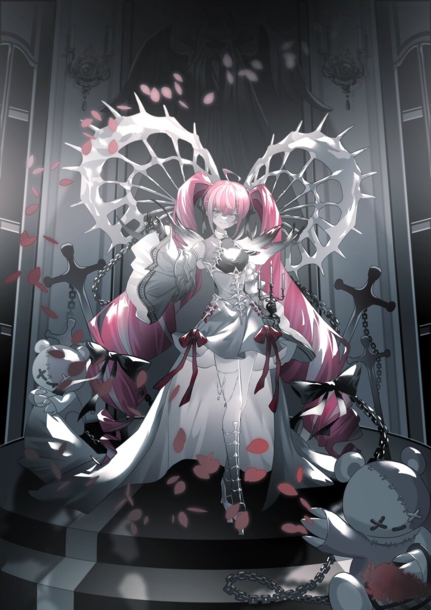 1girl ahoge chain detached_sleeves dress frilled_sleeves frills hair_ribbon heterochromia high_heels highres holding_candle_stand hololive hololive_indonesia kureiji_ollie kureiji_ollie_(rebirth) long_hair multicolored_hair patchwork_skin red_hair ribbon solo_focus stitched_face stitched_torso stitches streaked_hair throwing_petals twintails udin_(kureiji_ollie) very_long_hair virtual_youtuber white_dress zerotonedys