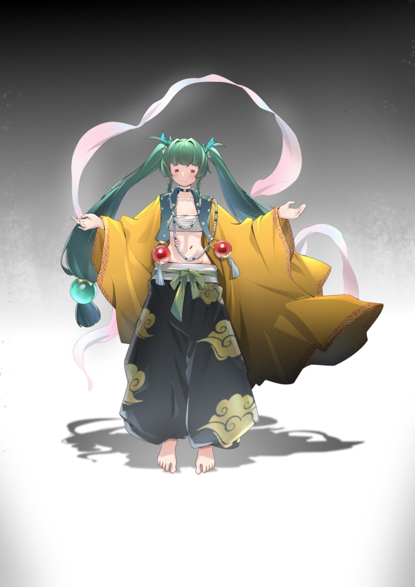 1girl :3 =_= absurdres alternate_costume android barefoot black_myth:_wukong blunt_bangs blush braid full_body green_hair grey_background highres qingyi_(zenless_zone_zero) shadow side_braids sidelocks simple_background smile solo standing twintails wide_sleeves woqumaidianjuzi zenless_zone_zero