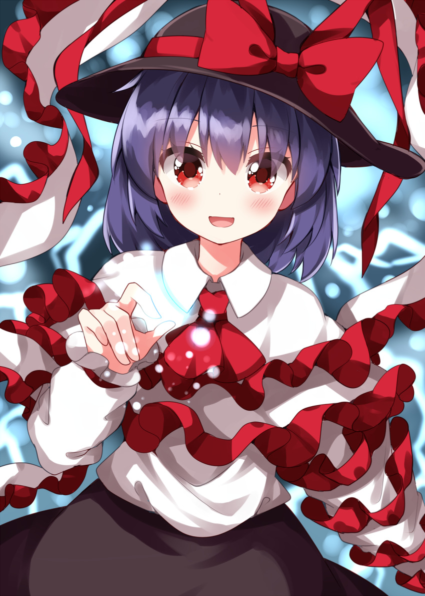 1girl :d ascot black_hat blush bow brown_skirt collared_shirt cowboy_shot dot_nose electricity energy eyes_visible_through_hair frilled_shawl frills hagoromo hair_between_eyes hand_up hat hat_bow highres long_sleeves looking_at_viewer nagae_iku open_mouth purple_hair red_ascot red_bow red_eyes ruu_(tksymkw) shawl shirt short_hair skirt smile solo standing touhou white_shawl white_shirt