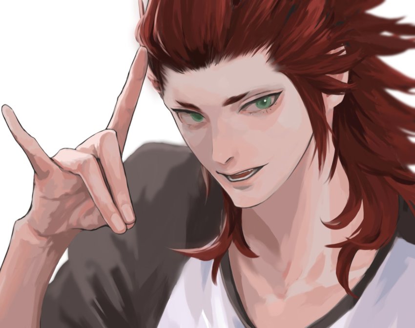 1boy \n/ axel_(kingdom_hearts) black_shirt green_eyes hair_slicked_back kingdom_hearts long_hair looking_at_viewer lower_teeth_only male_focus mukashino parted_lips raglan_sleeves red_hair shirt sideburns smile solo spiked_hair teeth two-tone_shirt upper_body upper_teeth_only white_background white_shirt