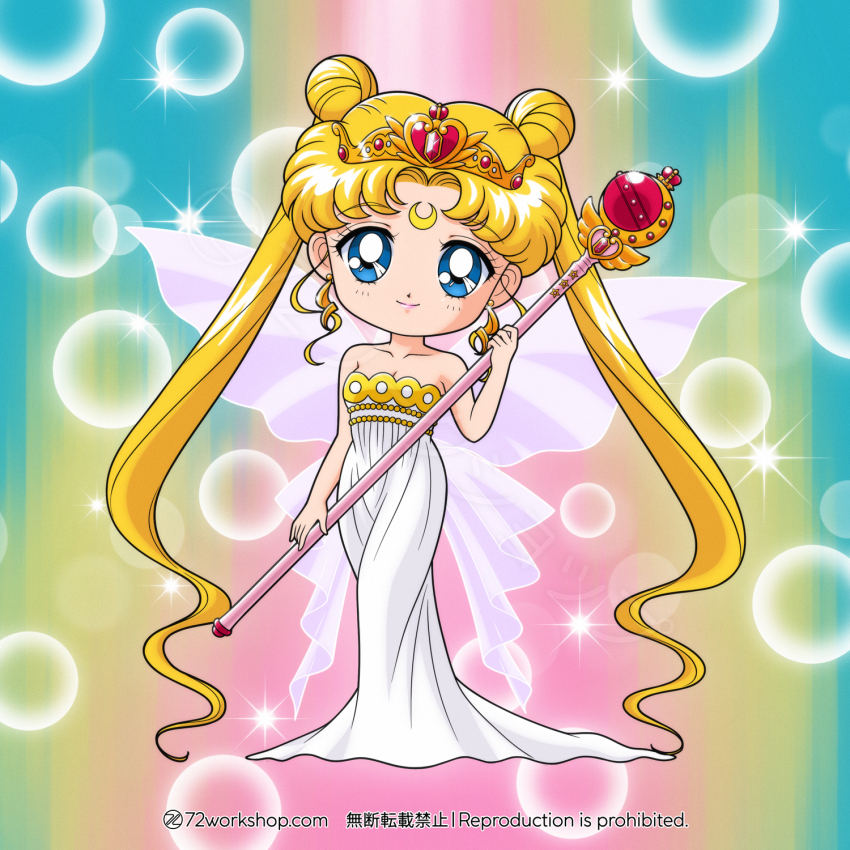 1girl 72workshop absurdly_long_hair artist_name bare_shoulders bishoujo_senshi_sailor_moon bishoujo_senshi_sailor_moon_r blonde_hair blue_eyes chibi chibi_only closed_mouth commentary crescent crescent_facial_mark cutie_moon_rod double_bun dress earrings facial_mark forehead_mark full_body hair_bun head_tilt highres holding holding_staff jewelry long_hair multicolored_background neo_queen_serenity smile solo staff strapless strapless_dress tiara tsukino_usagi twintails very_long_hair white_dress