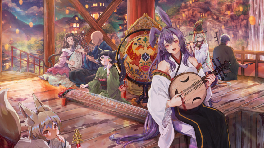 2boys 5girls animal_ears architecture bald bell blue_kimono blush cat_ears closed_eyes detached_sleeves east_asian_architecture flipped_hair flute fox_ears fox_tail gong green_eyes guzheng hat holding holding_plectrum instrument instrument_request japanese_clothes jingle_bell kagura_suzu kaibara_akehiko kimono lantern long_hair lute_(instrument) medium_hair multiple_boys multiple_girls music night outdoors playing_instrument plectrum purple_hair rabbit_ears railing sitting tail tate_eboshi very_long_hair wooden_floor yueqin