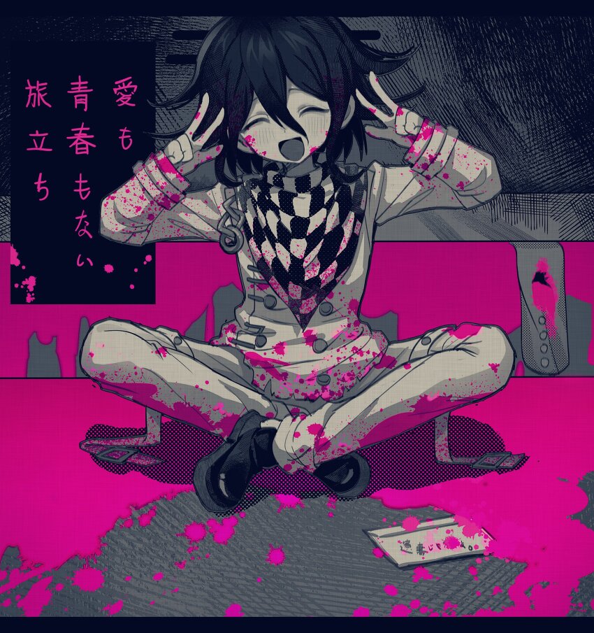 1boy absurdres arm_belt black_hair blood blood_on_clothes blood_on_face blood_splatter blush buttons checkered_clothes checkered_scarf closed_eyes crossed_legs danganronpa_(series) danganronpa_v3:_killing_harmony double_v envelope flipped_hair full_body hair_between_eyes hands_up happy highres long_sleeves looking_at_viewer male_focus monochrome oma_kokichi open_mouth pants pink_blood scarf short_hair sitting smile solo spoilers spot_color straitjacket thigh_strap translation_request two-tone_scarf uz_(770653249d) v