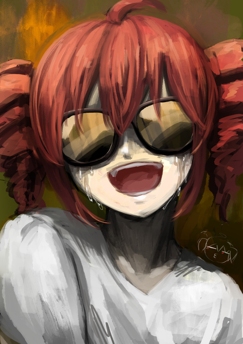 1girl :d ahoge commentary_request crying drill_hair highres kasane_teto kasane_teto_(sv) liar_dancer_(synthesizer_v) nekonekosan_(kemushima3) open_mouth painterly red_hair shirt short_hair smile solo sunglasses synthesizer_v t-shirt twin_drills upper_body utau white_shirt