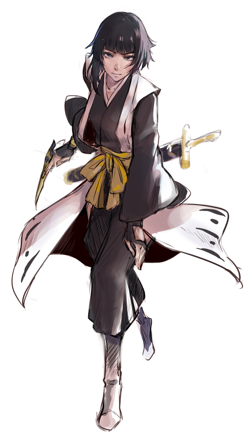 1girl absurdres black_eyes black_hair black_kimono bleach bleach:_sennen_kessen-hen blunt_bangs closed_mouth commentary_request full_body haori highres japanese_clothes kimono looking_at_viewer medium_hair sheath sheathed short_sword sketch solo sui-feng suzumebachi_(shikai) sword taichou_haori tomoe0812y weapon white_background