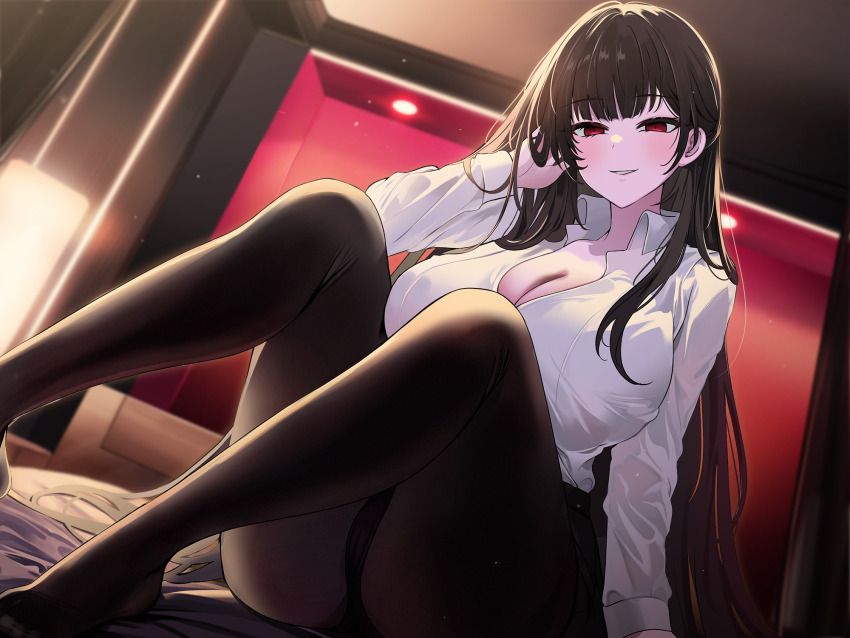 1girl bed black_hair black_panties black_pantyhose black_skirt blunt_bangs blush breasts brown_pantyhose cleavage collared_shirt crossed_legs curtains dress_shirt feet hand_in_own_hair hand_up highres indoors knees_up large_breasts legs light_particles long_hair long_sleeves looking_at_viewer no_shoes non-web_source office_lady on_bed original panties panties_under_pantyhose pantyhose parted_lips pencil_skirt red_eyes rio_(blue_archive) shirt sidelocks sitting skirt smile solo thighs toes underwear very_long_hair white_shirt window yuki_(asayuki101)