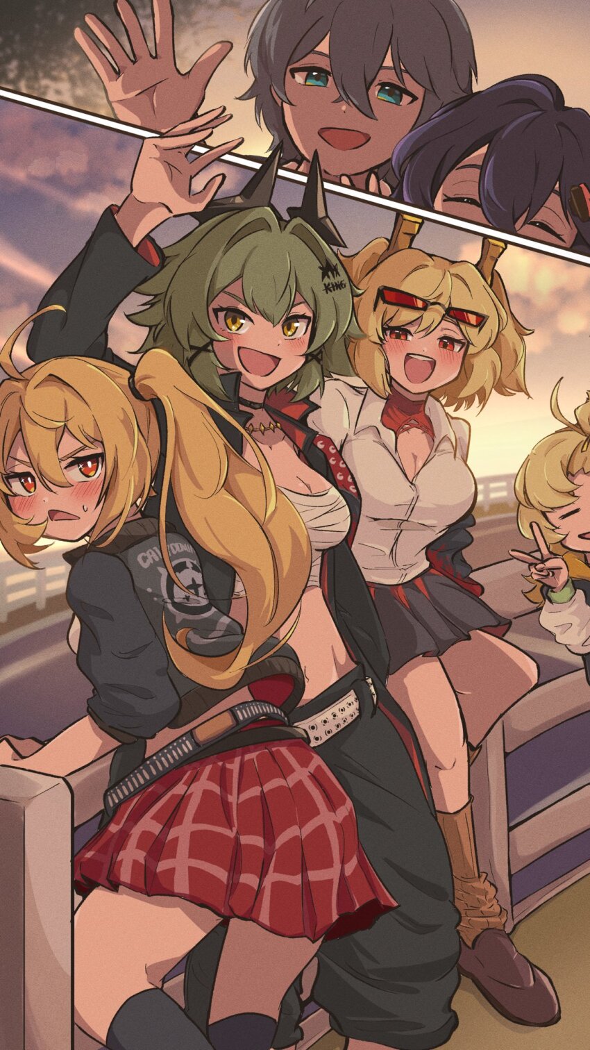 1boy 5girls ahoge alternate_costume belle_(zenless_zone_zero) blush burnice_white caesar_king_(zenless_zone_zero) cashew_0_dgren closed_eyes delinquent english_text highres jacket luciana_de_montefio multiple_girls piper_wheel school_uniform sukeban v wise_(zenless_zone_zero) zenless_zone_zero