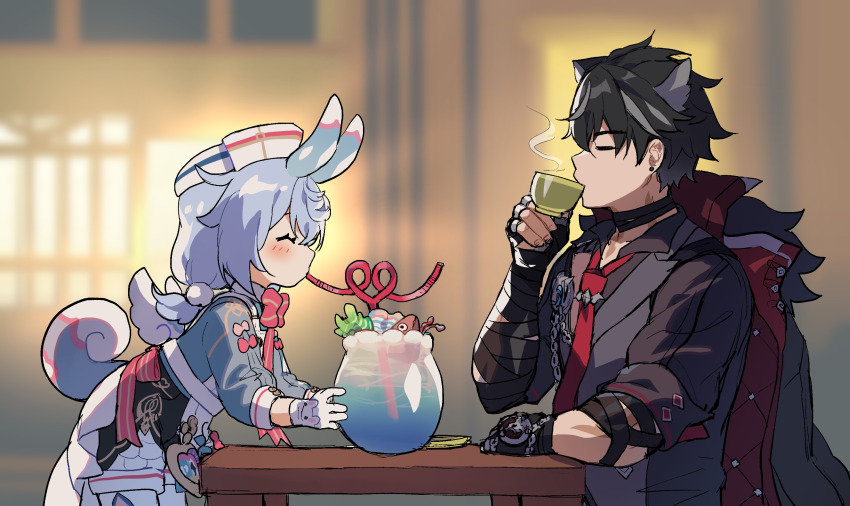 1boy 1girl ^_^ animal_ears apron arm_rest bandaged_arm bandaged_neck bandages black_bandages black_hair black_shirt blue_hair blurry blurry_background blush bow bowtie closed_eyes cup drink drinking drinking_straw drinking_straw_in_mouth earrings facing_another fingerless_gloves from_side genshin_impact gloves grey_hair grey_vest hair_ears hair_ornament hand_up hat height_difference highres holding holding_cup jacket jacket_on_shoulders jewelry leaning_forward long_hair long_sleeves multicolored_hair necktie nurse_cap pom_pom_(clothes) pom_pom_hair_ornament red_necktie sakana_(fishchunk) scar scar_on_arm scar_on_face scar_on_neck shirt short_hair shorts sigewinne_(genshin_impact) streaked_hair stud_earrings table tail two-tone_hair vest white_hat wings wriothesley_(genshin_impact)