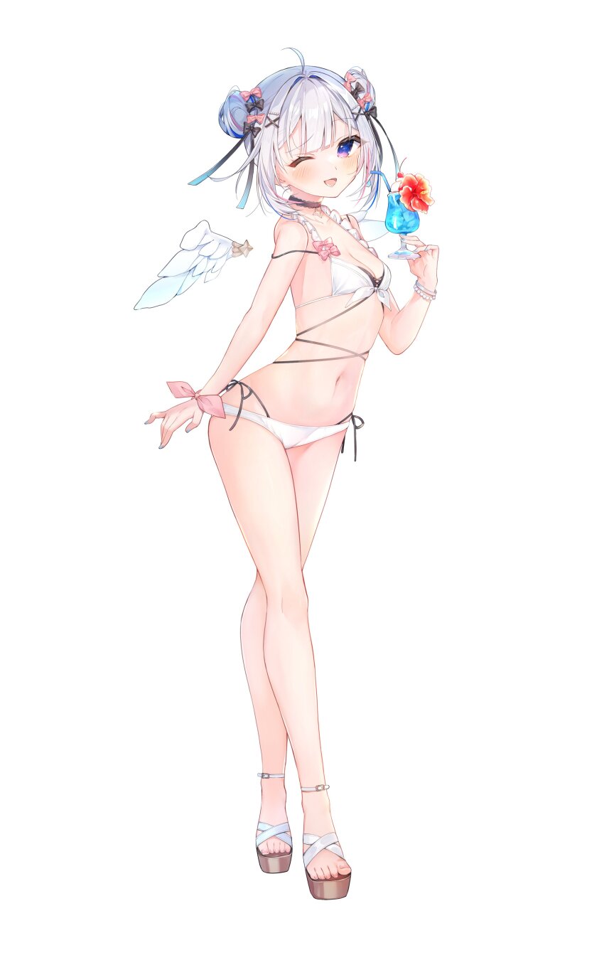 1girl absurdres ahoge amane_kanata amane_kanata_(summer) angel angel_wings bikini black_bow black_choker blue_nails bow breasts cherry choker contrapposto crossed_legs cup detached_wings double_bun drinking_glass eme_(emeralda) feathered_wings feet food fruit full_body grey_hair hair_bun hair_ornament highres holding holding_cup hololive light_blush navel official_alternate_costume one_eye_closed open_mouth pink_bow purple_eyes sandals simple_background small_breasts smile solo standing swimsuit virtual_youtuber white_background white_bikini wings wrist_bow x_hair_ornament