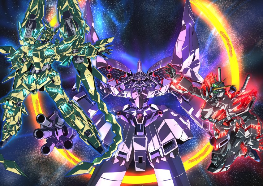 absurdres bazooka_(gundam) clenched_hand dual_wielding flying glowing glowing_eyes green_eyes gun gundam gundam_narrative highres holding holding_gun holding_weapon ii_neo_zeong looking_down looking_up mecha narrative_gundam nt-d open_hands red_eyes robot science_fiction sinanju_stein space tyuuboutyauyo unicorn_gundam_phenex v-fin weapon yellow_eyes zeon