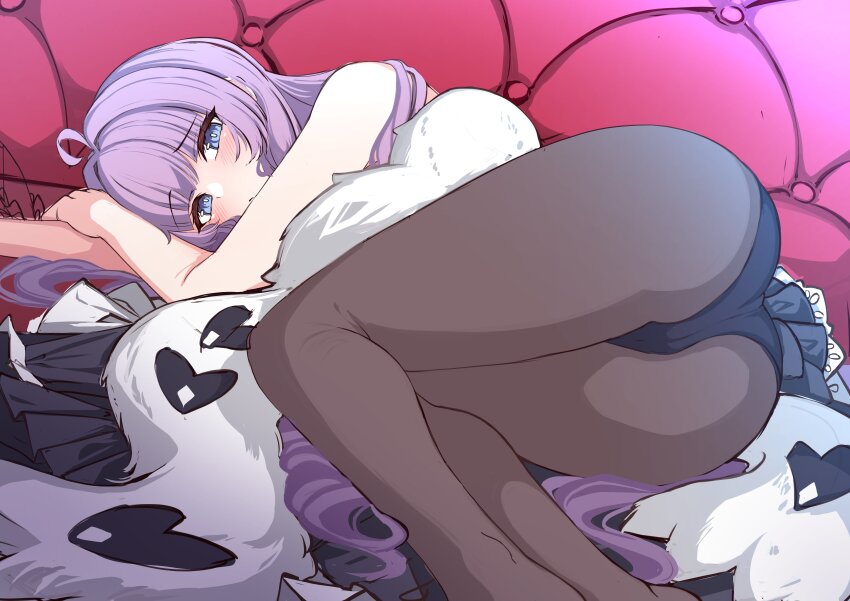 1girl absurdres ahoge arms_up ass azur_lane black_leotard blue_eyes blush brown_pantyhose closed_mouth commentary_request couch feet_out_of_frame highres leotard long_hair looking_at_viewer lying moyoron on_couch on_side pantyhose purple_hair solo tashkent_(azur_lane) tashkent_(the_sprite&#039;s_snapshot)_(azur_lane) very_long_hair