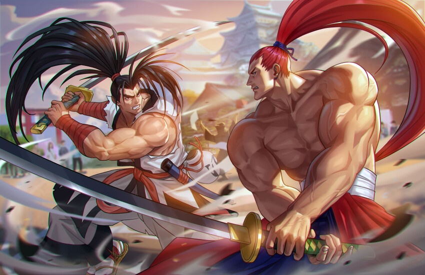 2boys black_eyes black_hair bottle cloud cloudy_sky dougi fighting_stance haoumaru highres holding holding_sword holding_weapon ji_zhang karate_gi katana kibagami_genjuro long_hair looking_at_another male_focus multiple_boys muscular muscular_male outdoors ponytail red_hair sake_bottle samurai_spirits sky sword temple topless_male torii very_long_hair weapon wrist_wrap