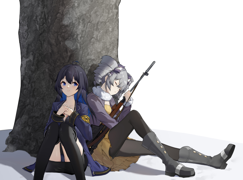 2girls absurdres antenna_hair benghuai_xueyuan black_socks blue_eyes blue_hair blue_jacket boots breasts bronya_zaychik bronya_zaychik_(snowy_sniper) cleavage closed_eyes closed_mouth dragunov_svd drill_hair grey_hair gun hair_between_eyes highres holding holding_gun holding_weapon honkai_(series) honkai_impact_3rd jacket kneehighs leaning_back leg_lift leggings looking_at_another looking_to_the_side multiple_girls navel pantyhose rifle scarf seele_vollerei seele_vollerei_(fire_moth) sitting sleeping smile sniper_rifle socks tattoo tree twin_drills weapon yukizawa_xueze