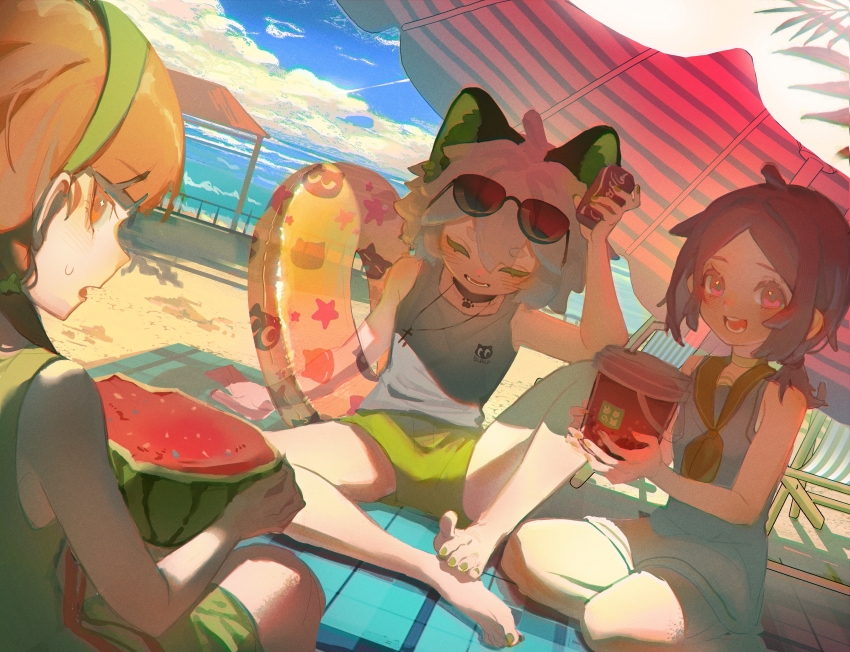 1boy 2girls absurdres arm_up bare_arms barefoot beach beach_chair blue_sky blunt_bangs brown_hair can choker closed_eyes cloud cross cross_necklace day double-parted_bangs dress eyewear_on_head food fruit green_hairband green_nails green_shorts hairband hand_on_floor happy highres holding holding_can holding_food jewelry knees_apart_feet_together looking_at_viewer luo_xiaobai luo_xiaohei luo_xiaohei_zhanji multiple_girls nail_polish necklace on_ground open_mouth outdoors picnic sailor_collar shade shanxin_(the_legend_of_luoxiaohei) shore short_dress short_ponytail short_shorts shorts sitting sky summer sweatdrop swim_ring tank_top toenail_polish toenails umbrella unfinished wanxiaoge watermelon white_dress white_hair white_tank_top yellow_sailor_collar