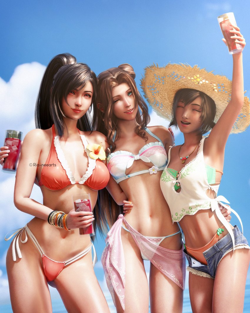 3girls absurdres aerith_gainsborough alternate_costume alternate_hairstyle arm_up bikini black_hair bracelet breasts brown_hair cleavage cloud costa_del_sol cup day denim drink drinking_glass female_focus final_fantasy final_fantasy_vii final_fantasy_vii_remake flower glass green_eyes hand_on_another&#039;s_shoulder hand_on_another&#039;s_waist hat high_ponytail highres holding ice ice_cube jeans jewelry legs long_hair looking_at_viewer multiple_girls navel necklace one_eye_closed open_fly outdoors pants parted_bangs parted_lips ponytail red_eyes ria-neearts shiny_skin short_hair short_shorts shorts side-tie_bikini_bottom sky smile square_enix stomach sun_hat swimsuit teeth thighs tifa_lockhart twitter_username underboob wink yellow_flower yuffie_kisaragi