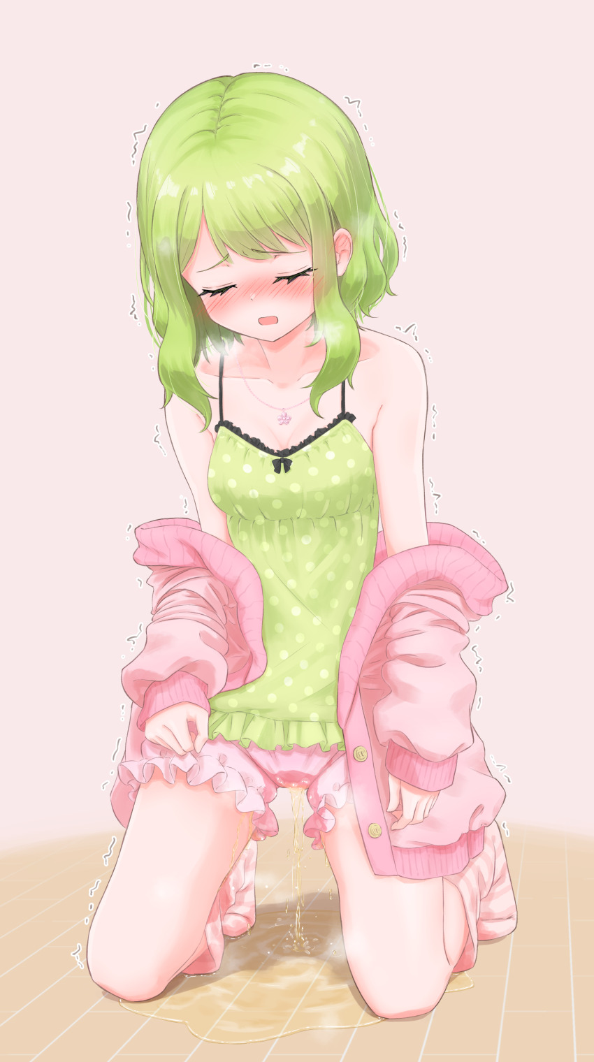 1girl absurdres bare_shoulders blush breath closed_eyes collarbone ear_blush embarrassed female_focus frilled_shirt frilled_shorts frills full_body green_hair green_shirt highres jacket jewelry kneeling long_sleeves medium_hair morinaka_kazaki necklace nijisanji nose_blush off_shoulder open_clothes open_jacket open_mouth pee peeing peeing_self pink_background pink_jacket pink_shorts pink_socks polka_dot polka_dot_shirt puddle raised_eyebrows shirt short_shorts shorts sidelocks simple_background sleeveless sleeveless_shirt socks solo spaghetti_strap steam striped_clothes striped_socks swept_bangs thighs trembling u_u urabe_miyabi virtual_youtuber wet wet_clothes wooden_floor