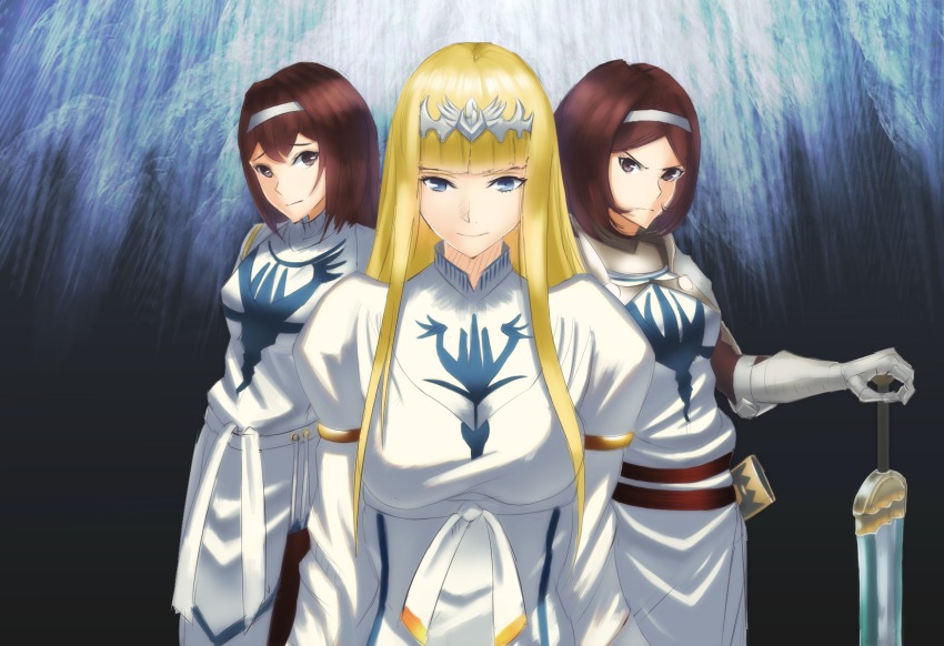 3girls arm_armor armor blonde_hair blue_eyes breasts brown_eyes brown_hair calca_bessarez gauntlets headband highres kelart_custodio long_hair looking_at_viewer medium_breasts multiple_girls overlord_(maruyama) pauldrons red_hair remedios_custodio sheath shoulder_armor siblings sisters sword tiara weapon