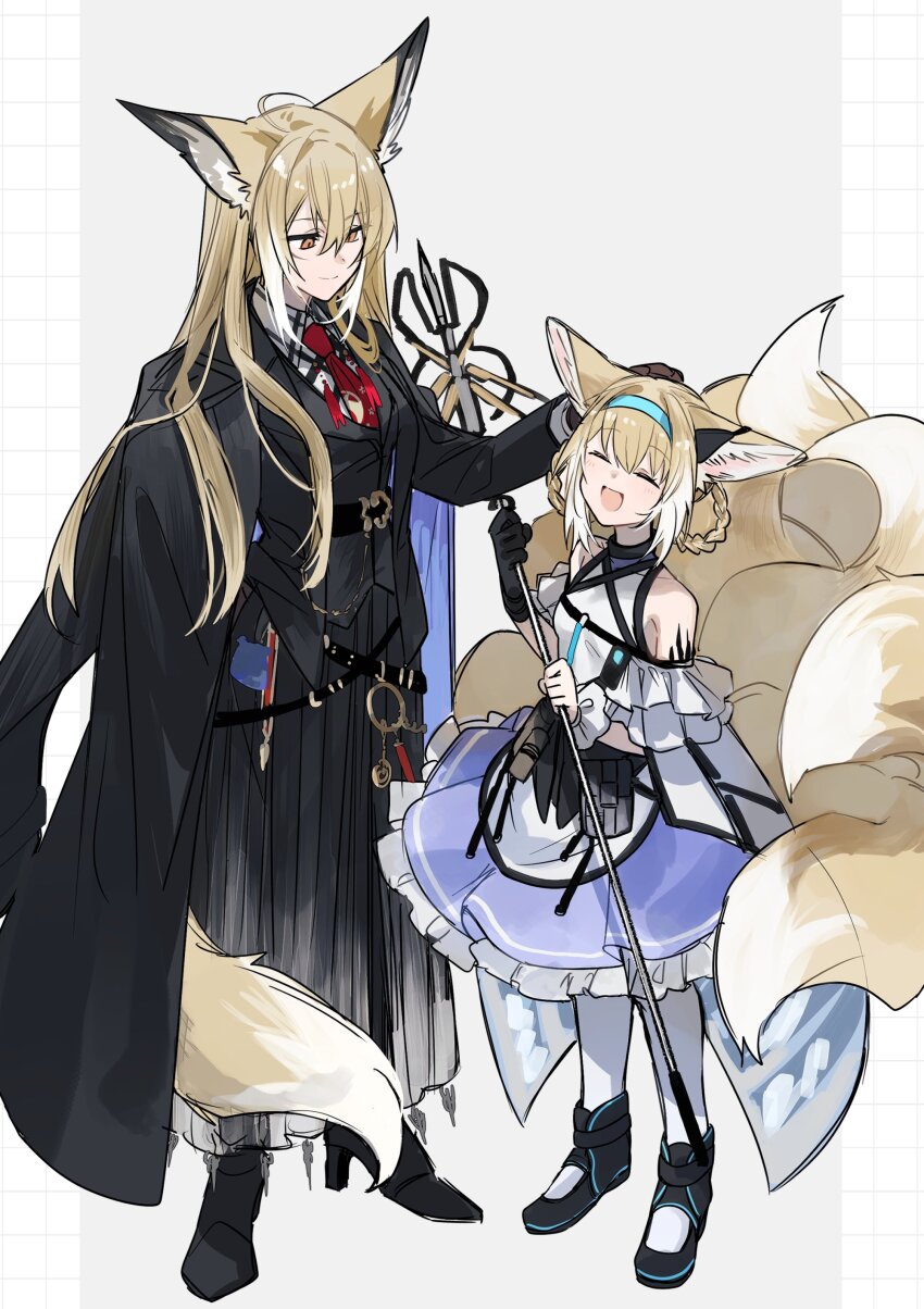 2girls :d ^_^ absurdres animal_ears aqua_hairband arknights bare_shoulders black_gloves blonde_hair closed_eyes closed_mouth full_body gloves hair_between_eyes hairband hand_on_another&#039;s_head headpat highres long_hair long_sleeves looking_at_another material_growth mother_and_daughter multicolored_hair multiple_girls multiple_tails open_mouth orange_eyes oripathy_lesion_(arknights) smile standing streaked_hair suzuran_(arknights) tail vulpisfoglia_(arknights) white_hair yakota_(usuk-yako)