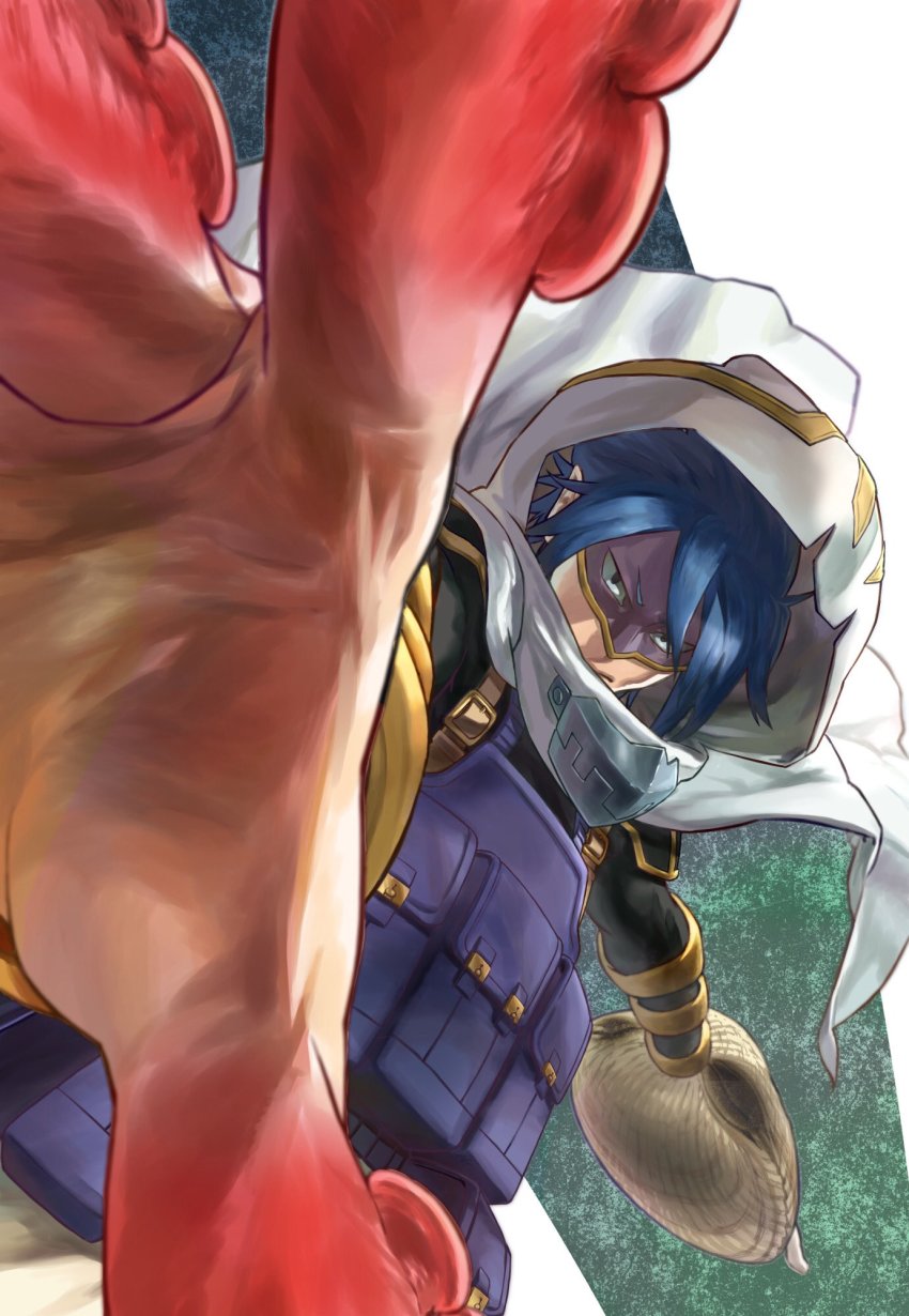 1boy amajiki_tamaki blue_hair boku_no_hero_academia clam_shell commentary_request green_background highres hood hood_up male_focus pointy_ears solo tactical_clothes transformation two-tone_background white_background yomoyama_yotabanashi