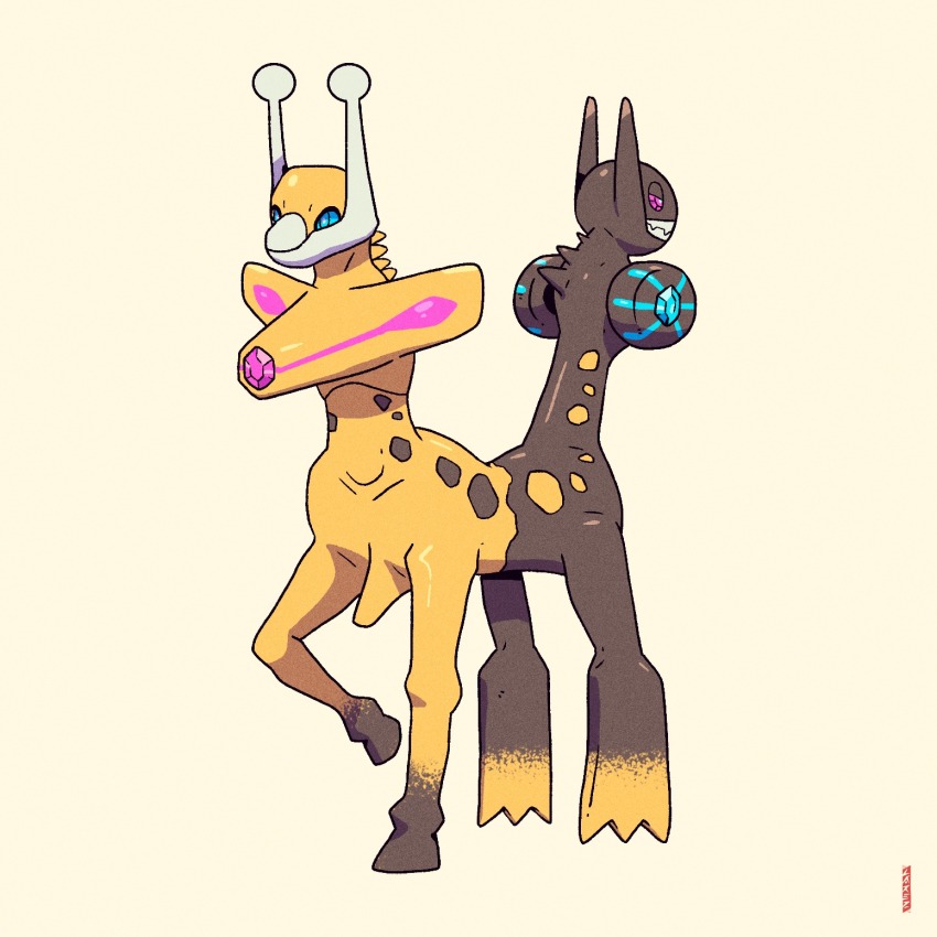 alternate_form creatures_(company) full_body game_freak gen_2_pokemon girafarig highres meme meme_attire nintendo no_humans original_form_pokemon_(meme) pedro_larez pokemon pokemon_(creature) simple_background solo standing what