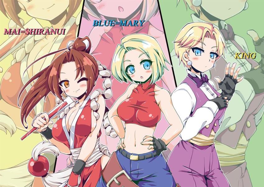 3girls adjusting_clothes adjusting_gloves bare_shoulders belt black_gloves blonde_hair blue_eyes blue_mary blue_pants blush bow bowtie breasts brown_eyes brown_hair character_name cleavage closed_mouth collarbone collared_shirt commentary_request cowboy_shot crop_top cropped_shirt earrings fatal_fury fingerless_gloves gloves hand_fan hands_on_own_hips height_difference high_ponytail holding holding_fan jewelry king_(snk) large_breasts long_hair looking_at_viewer medium_breasts midriff multiple_girls navel neko_yume ninja one_eye_closed open_mouth pants parted_bangs pearl_earrings pelvic_curtain purple_bow purple_bowtie purple_pants purple_vest red_shirt rope ryuuko_no_ken sash shiranui_mai shirt short_hair sleeveless sleeveless_shirt smile the_king_of_fighters turtleneck turtleneck_shirt vest white_shirt yellow_sash